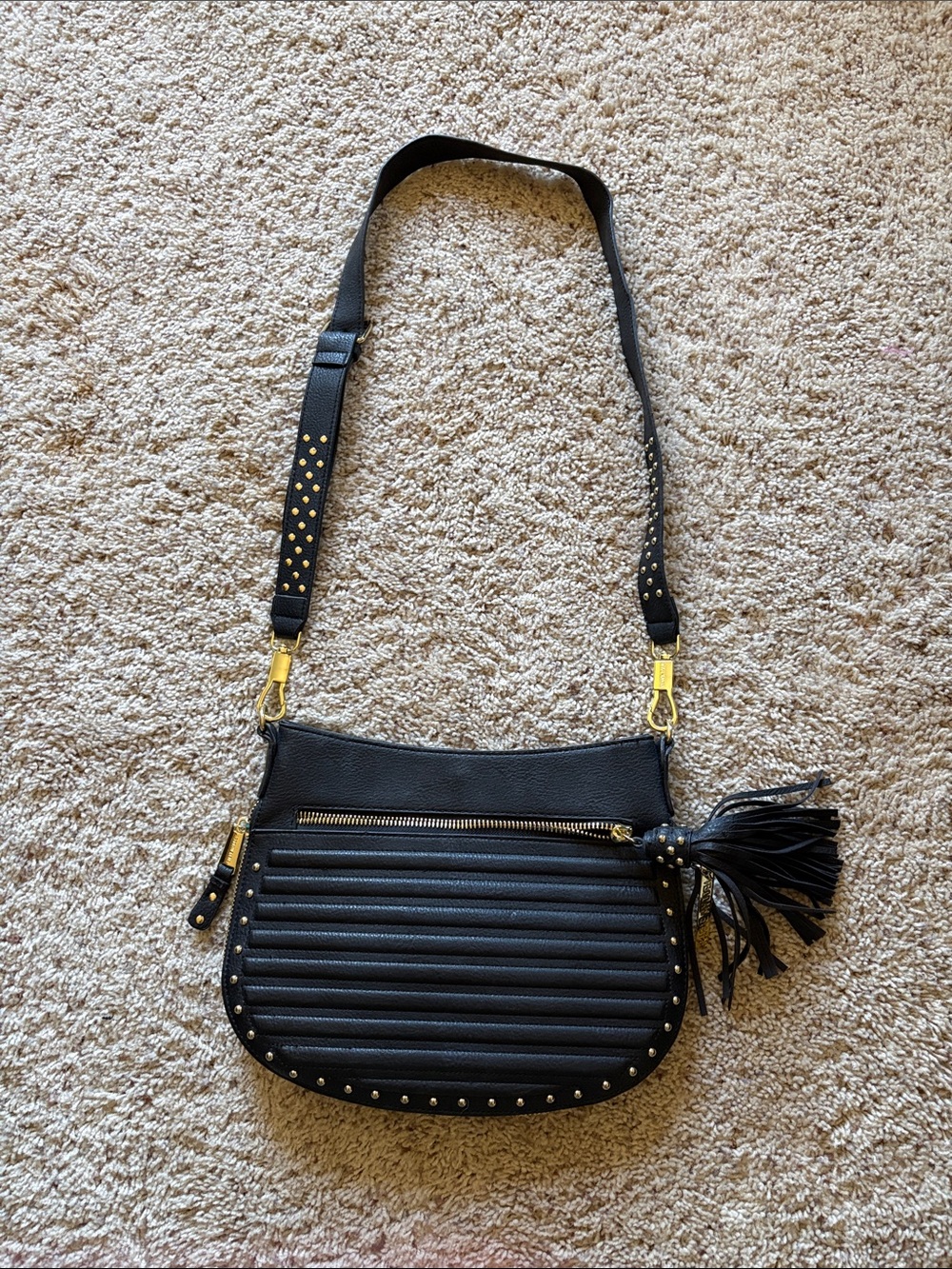 Steve Madden Black Quilted Crossbody with Gold Hardware and Tassel